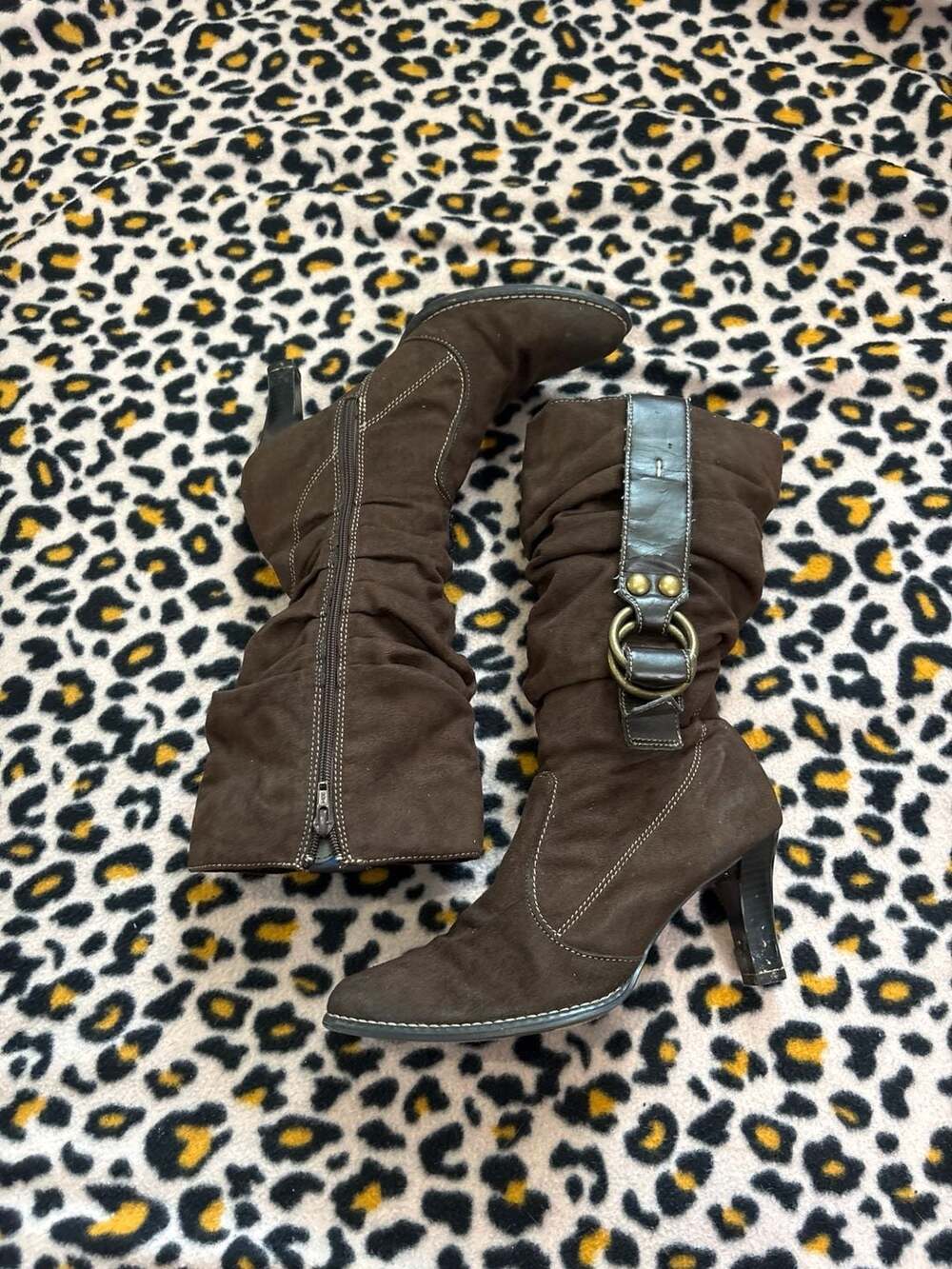 Vintage Y2K Brown Faux Suede Slouchy Mid-Calf Boots with Ring Detail